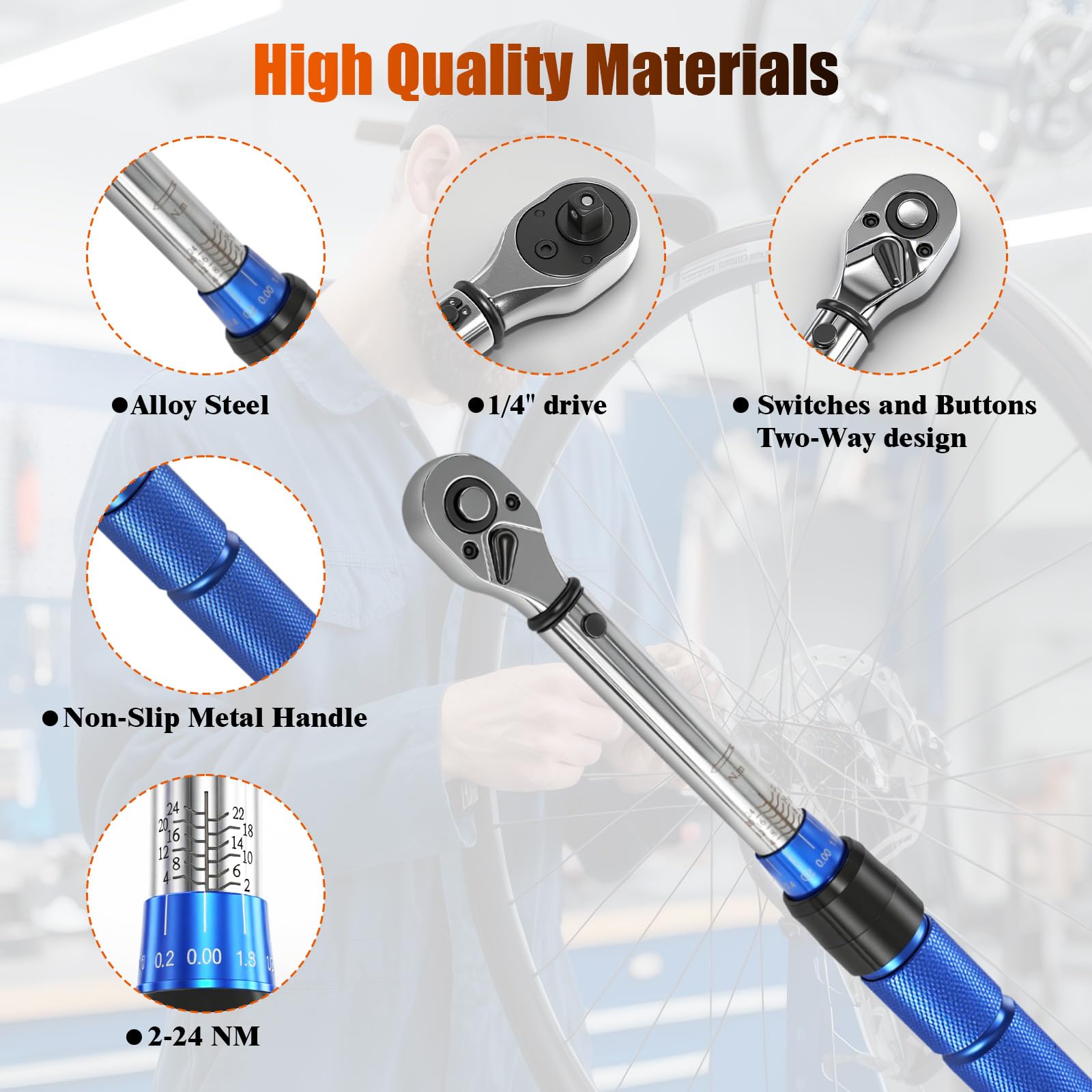 Dalephoric Momentsleutel voor fiets, 1/4 inch, 2-24 NM, ± 3% foutnauwkeurigheid, 72 tanden, omschakelratel, torque-wrench-set met 100 mm verlengstang, ratelkast voor fiets, motorfiets