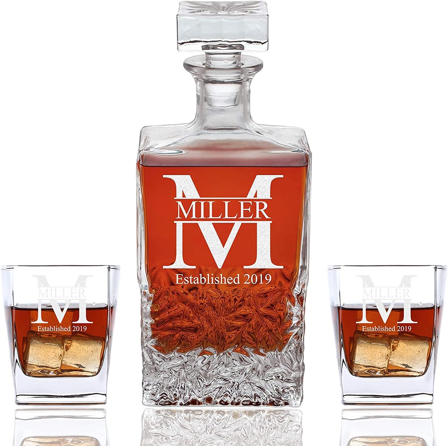 Personalized Squared 3 piece Whiskey Decanter Set - Decanter and 2 Glasses Gift Set - Custom Engraved (Limited Edition)