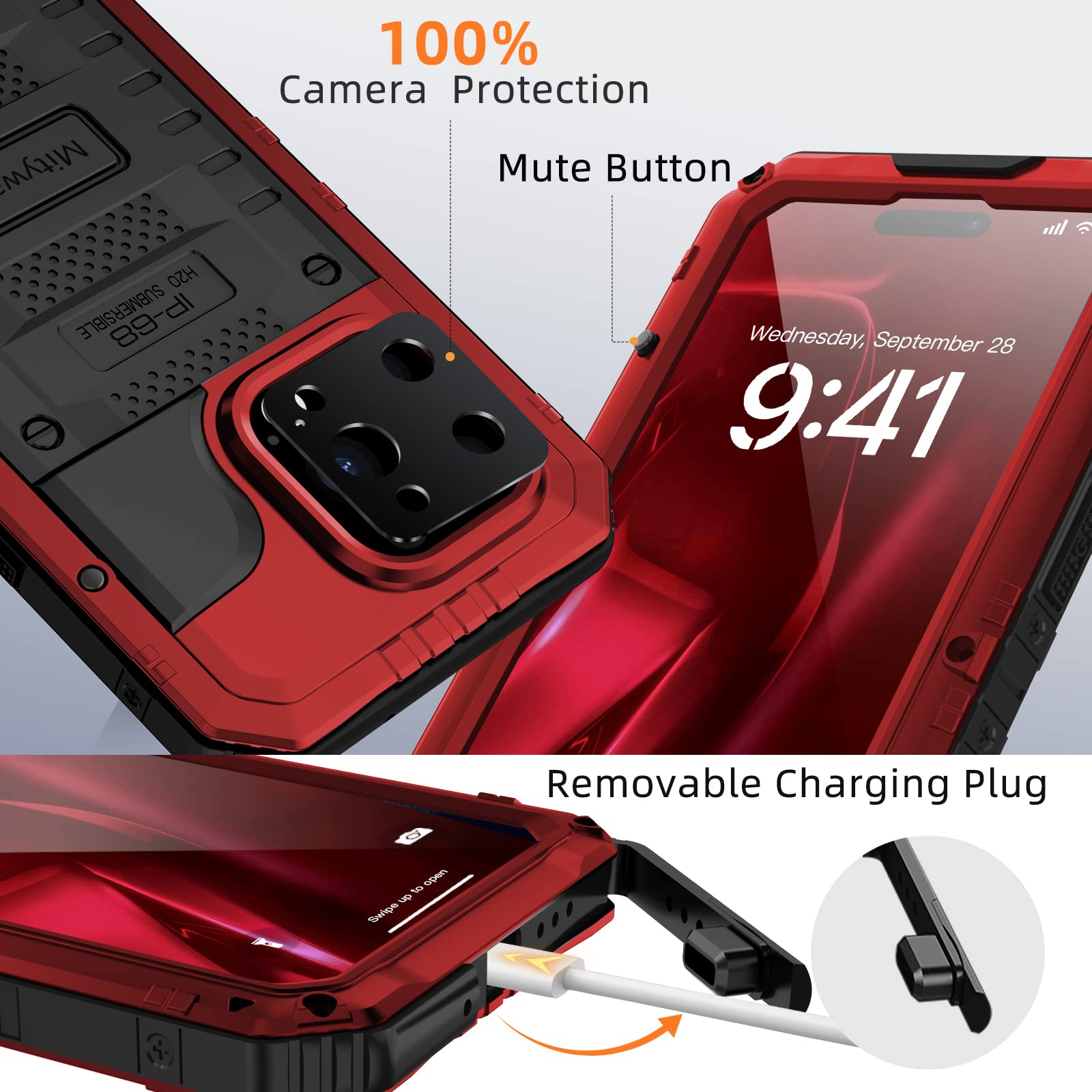 Mitywah Funda Impermeable para iPhone 14 Pro MAX, Funda Resistente a los Golpes con Protector de Pantalla Integrado, Carcasa de Metal de protección subacuática de Cuerpo Completo de 17 cm, Color Rojo