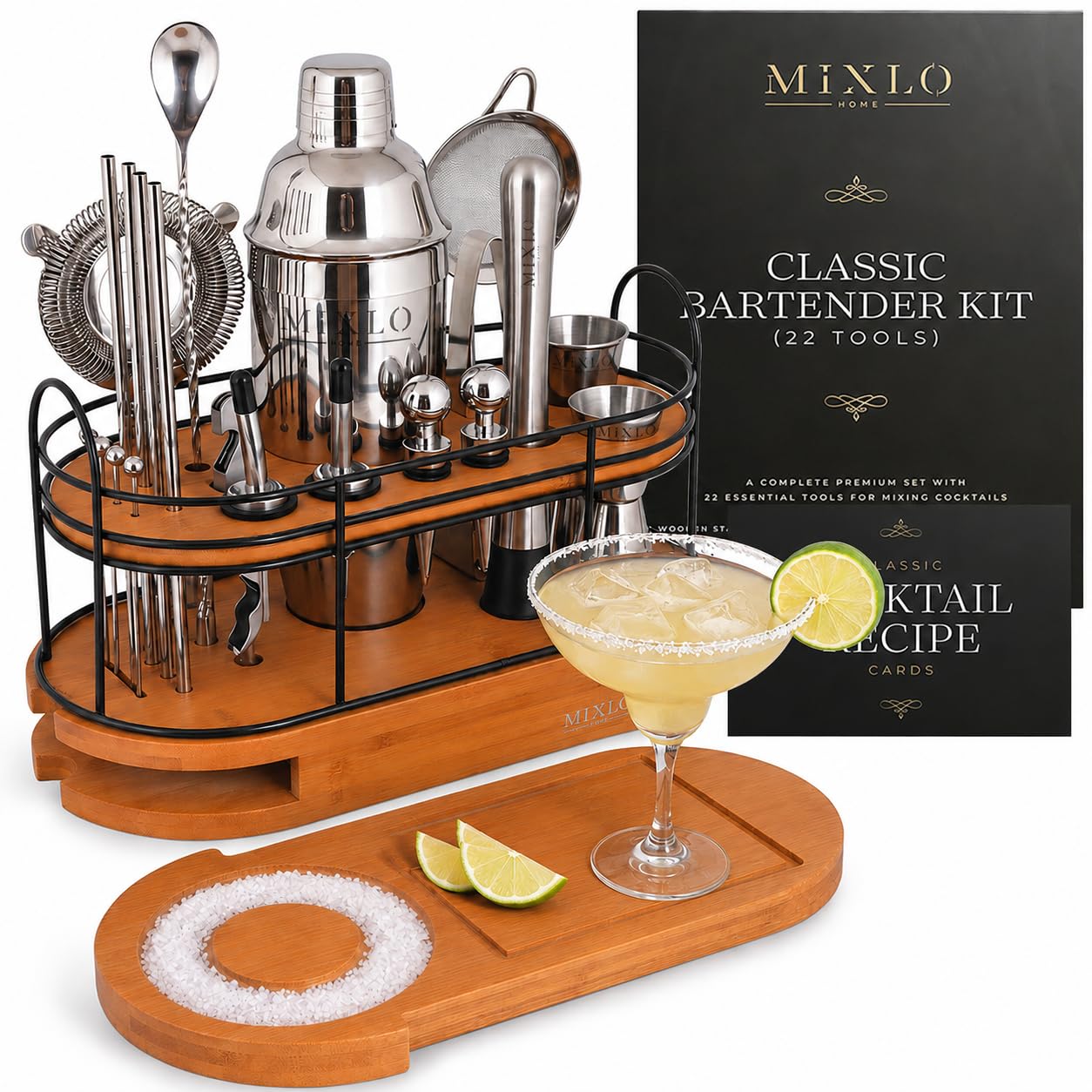 Mixology Bartender Kit - 22Pcs Bar Set Cocktail Shaker Set w Brown Bar Cart Accessories S…