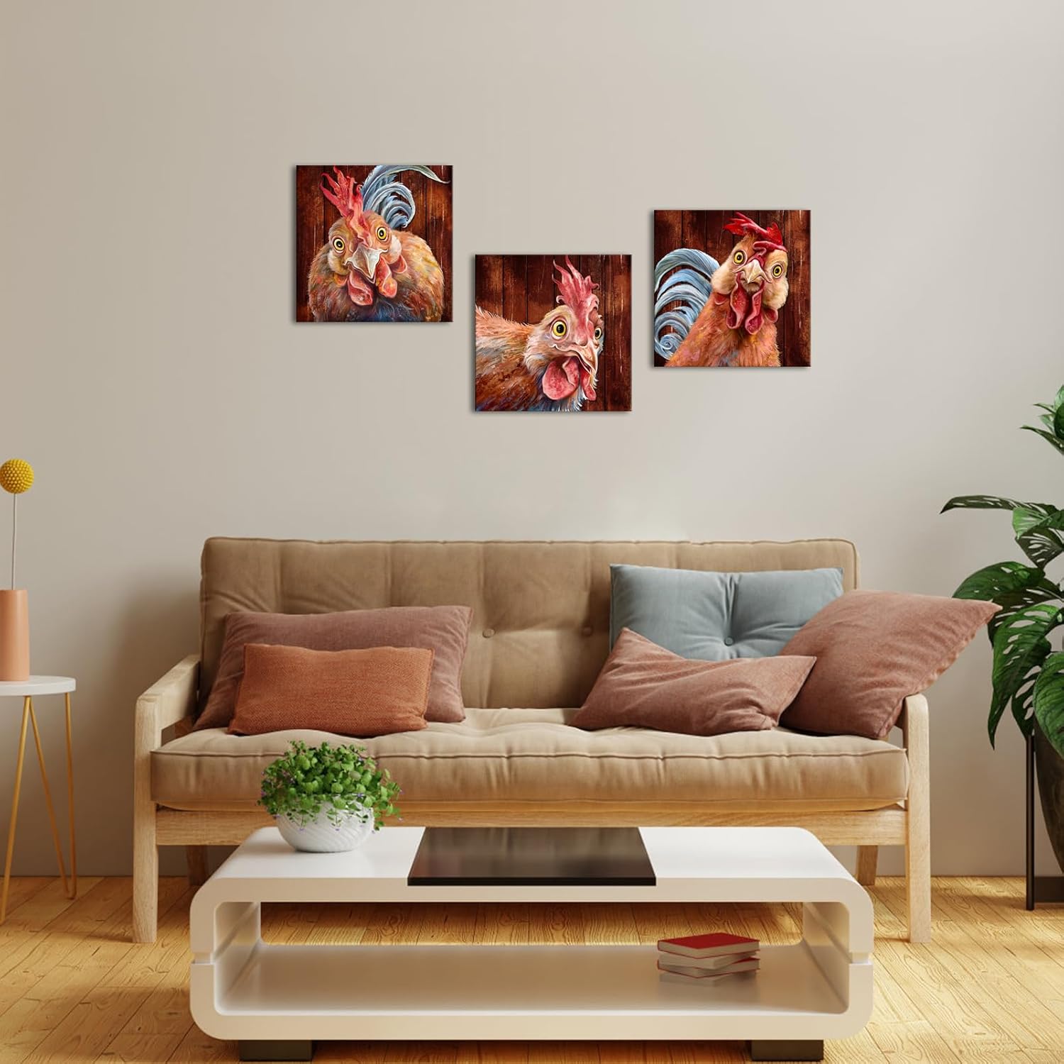Apicoture Funny Rooster Wall Art Pictures - Farm Animal Chicken Canvas Wall Art Paintings For Living Room Kitchen Wall Decor 12"x12"x3panels(Color-003)
