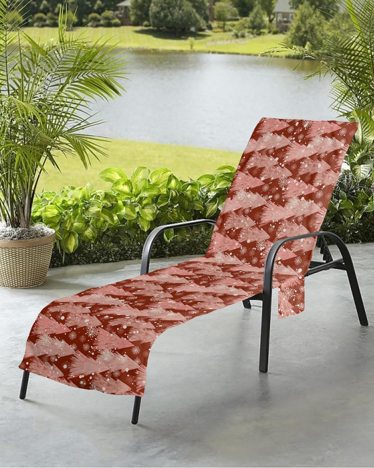 Christmas Beach Chair Towel Covers for Chaise Lounge with Side Pocket, Soft Plush Pool Towels Cover for Patio Sunbathing Outdoor 29''x85'' Red Xmsa Forest Tree Cartoon Winter Snowflake