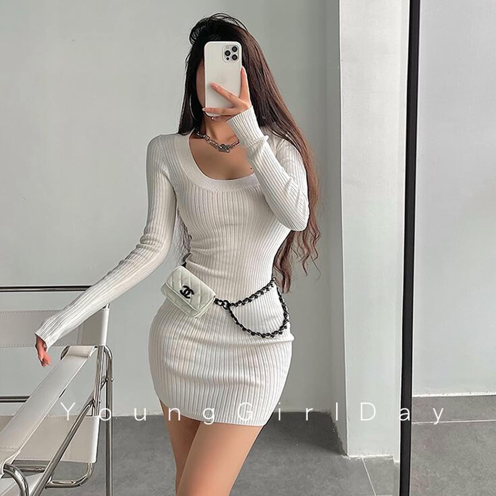 Vestido de Fiesta de Manga Corta con Cuello en U Sexy, Cintura Ajustada, Vestido de Fondo de Punto, Bolso de Cadera, Falda Corta de Manga Larga,White-M