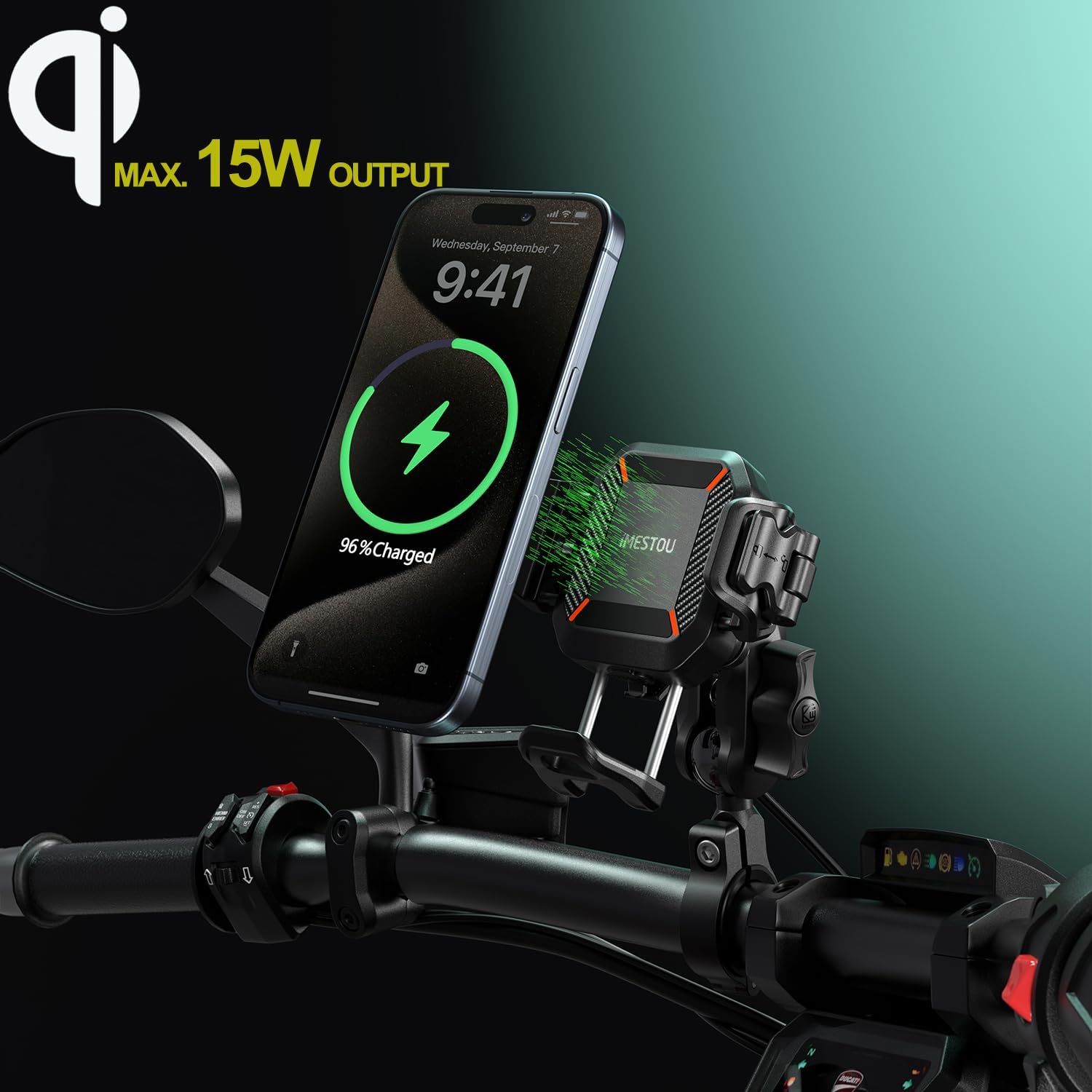iMESTOU Motorcycle Wireless USB C Phone Mount Anti-Vibration, Anti-Theft 1" Ball Qi Phone Mount Suitable for 5.2"-7.2" Up to 15mm Thick Phones, Fits for 22-32mm Handlebars, Works with 12-24V Vehicles