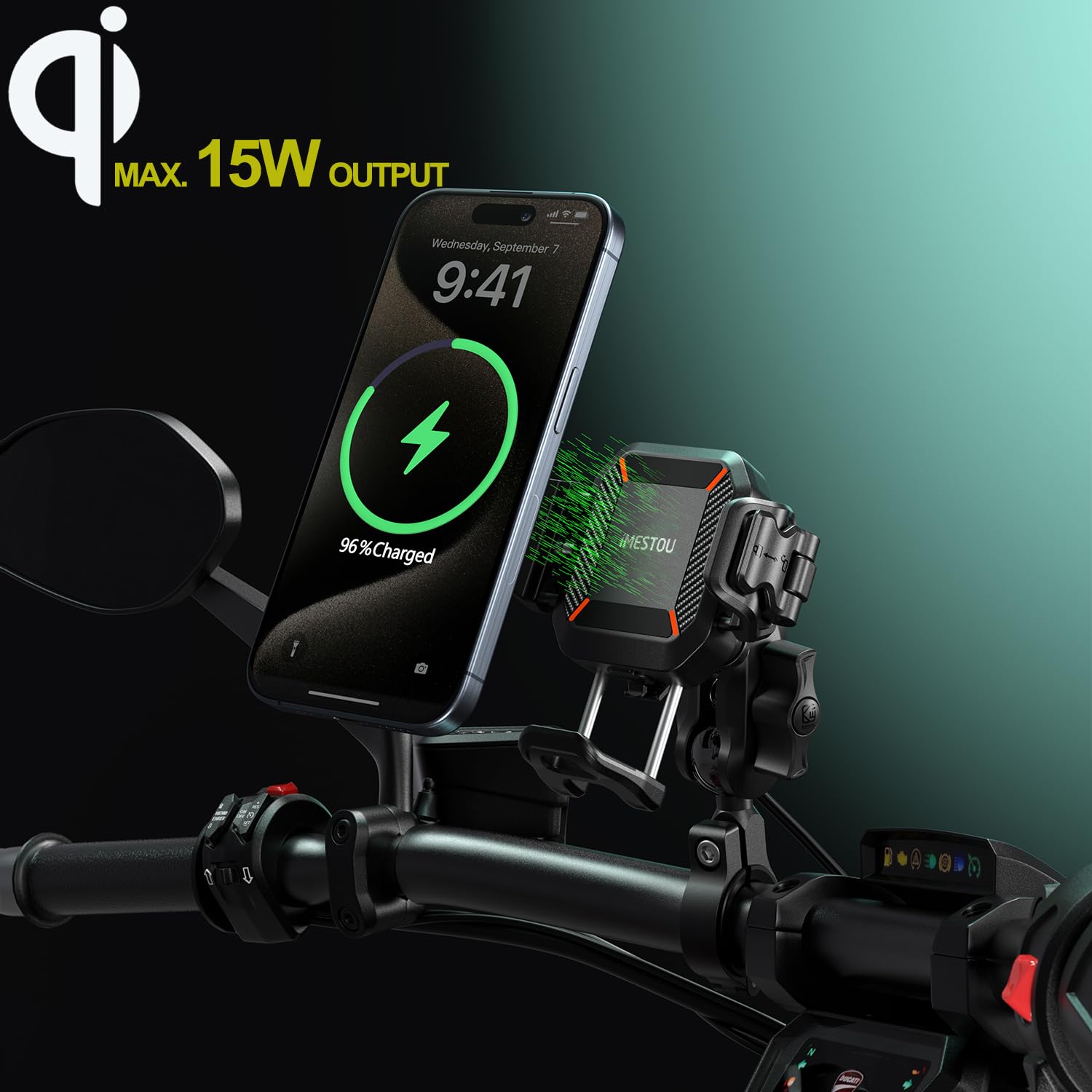 iMESTOU Motorfiets Draadloze Telefoon Mount Qi & USB 2 IN 1 Stuur Mobiele Telefoon Oplader Quick Charge 3.0 met Ram 1 bal Werkt met 12V Motorfietsen voor 3.5 -6.8 Smartphones