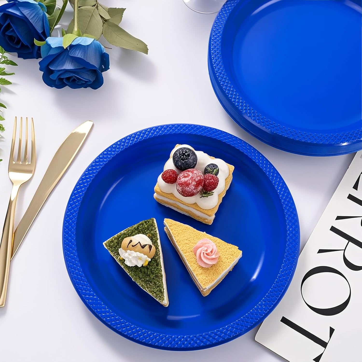 WELLIFE Royal Blue Party Plates 9 Inch -150 Count, Disposable Plastic Dark Blue Dinner Plates for Party Dessert Cake Appetizer - Image 3