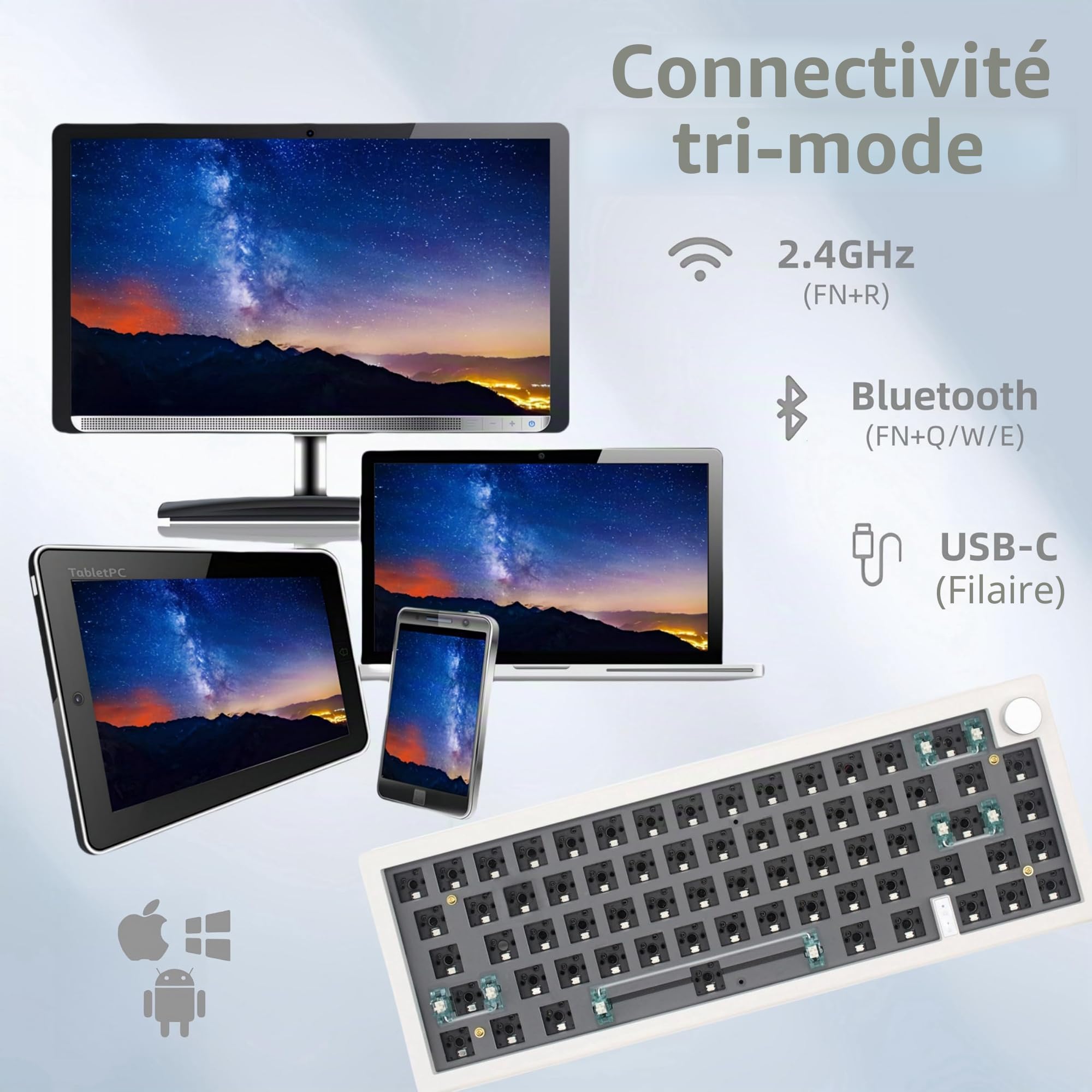 GMK67 Kit de clavier mécanique 65 % trimode orienté au sud RVB LED pour commutateurs 3/5 broches, 66 touches + 1 bouton, prise à chaud PCB, joint d'étanchéité, kit de clavier à monter
