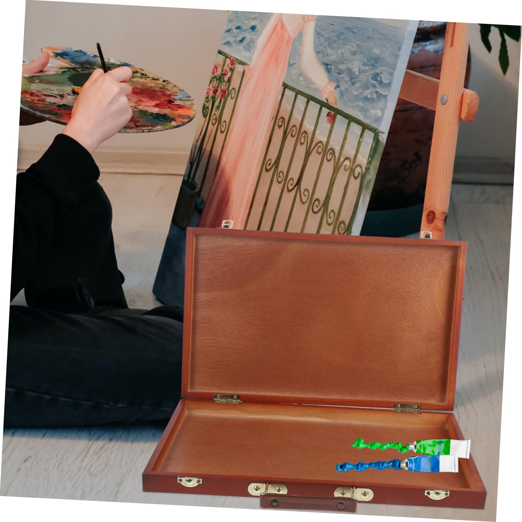 Homoyoyo Boîte de Peinture Bois Style Européen pour Artistes et Étudiants, Mallette Légère Poignée, Rangement Solide et Portable pour Usage en Extérieur