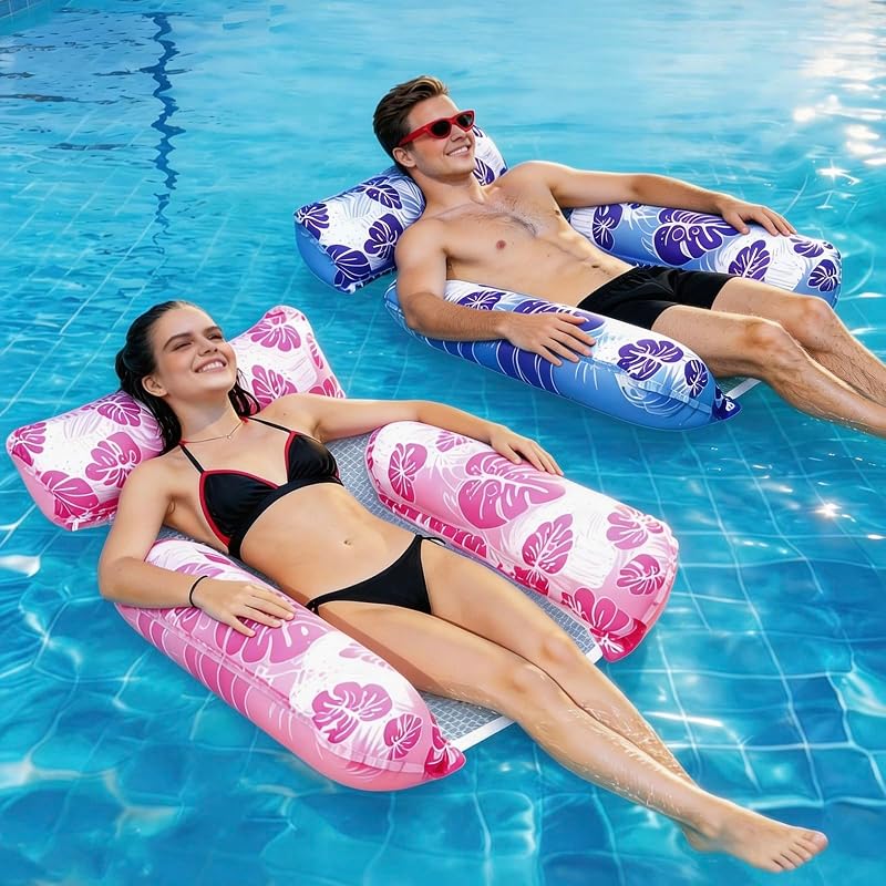 2 Pieces Inflatable Floating Hammock, Inflatable Pool Hammock, 4 in 1 Portable Beach Mat with Net, Inflatable Sea Mat with Backrest and Armrests, for Sand Water Toys