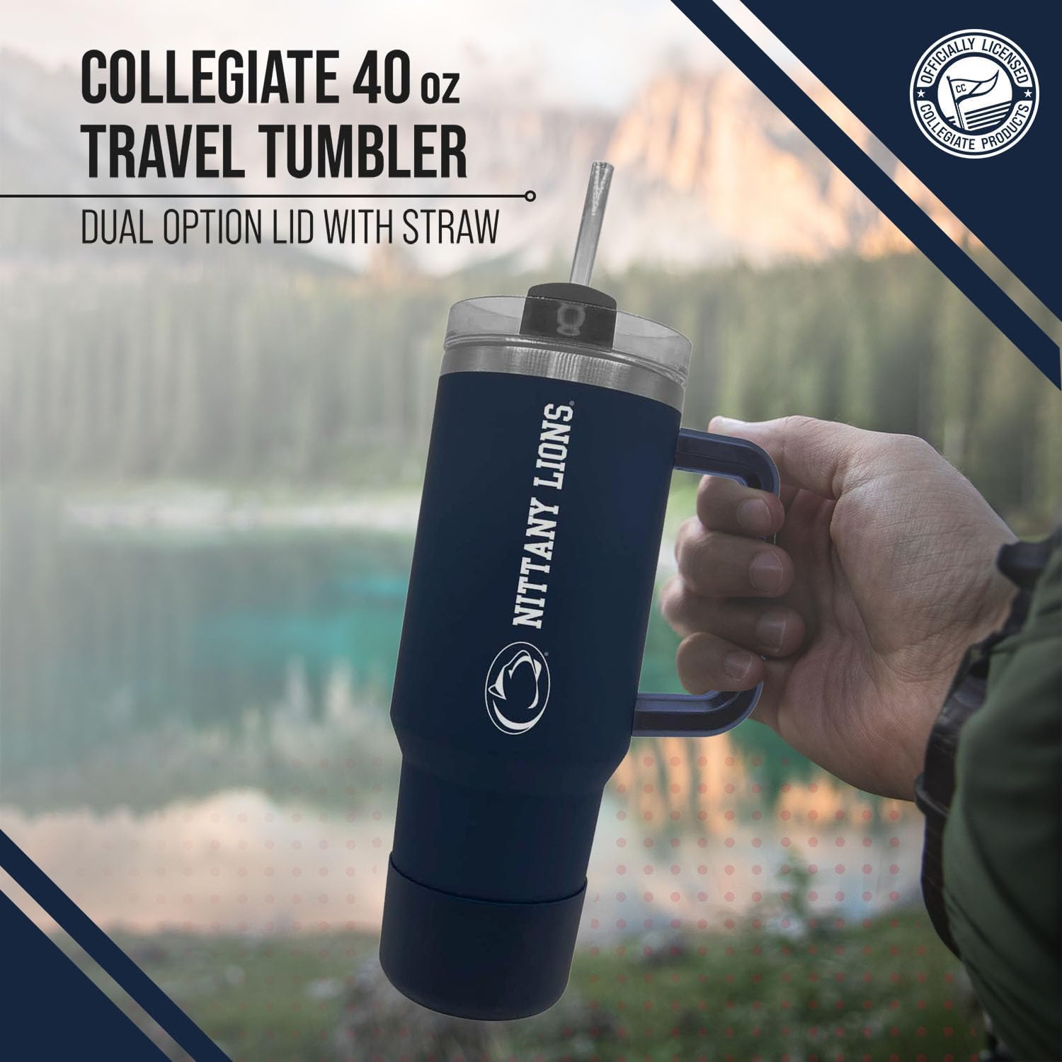 Campus Colors College & University 40 oz Travel Tumbler With Handle - Dual Option Lid With Straw - Vacuum Insulated Stainless Steel (Penn State Nittany Lions - Navy) - Image 2