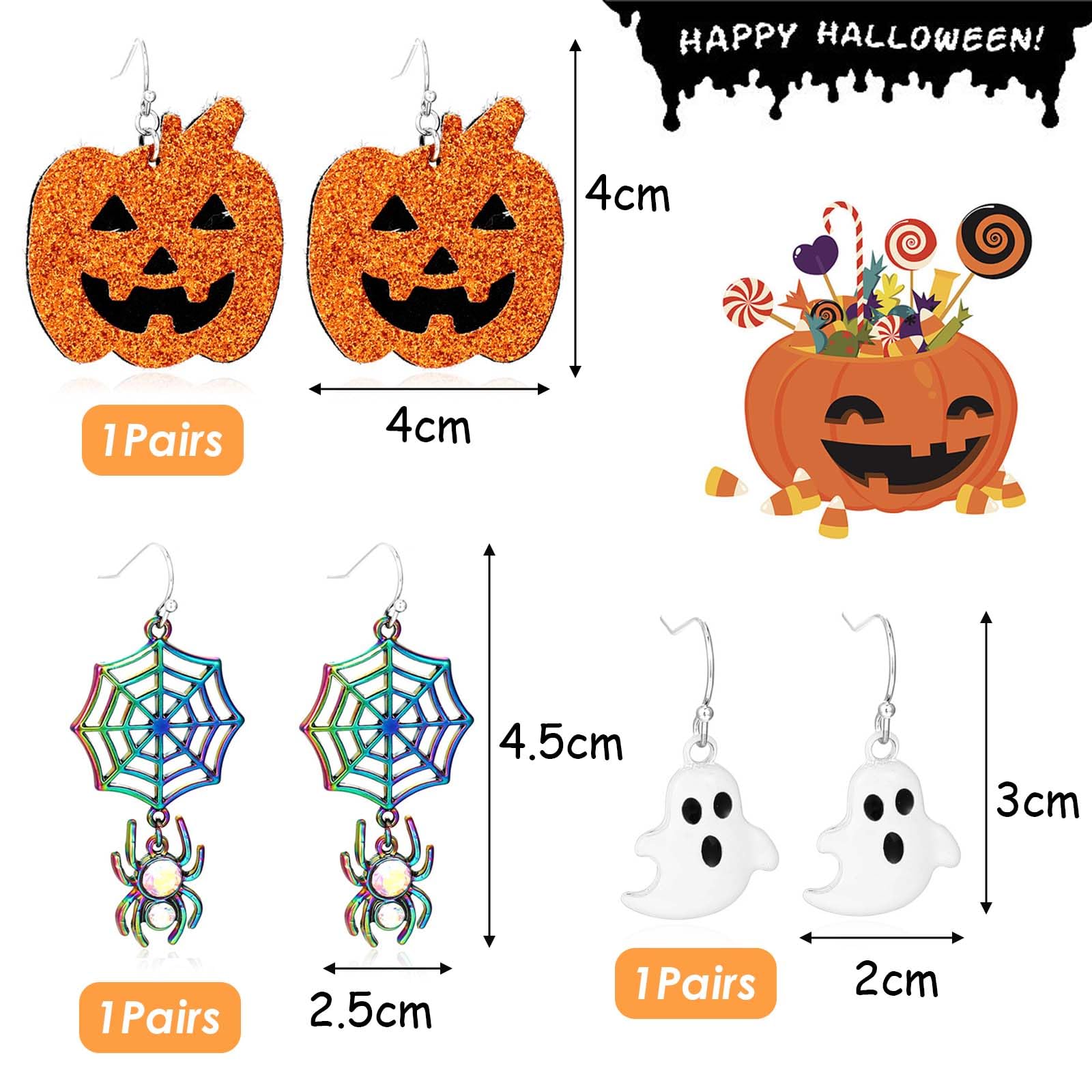 3 Pares Pendientes Halloween, Halloween Calabaza Fantasma Araña Pendientes para Mujeres, Accesorios Vampiro Mujer, Novedosas para Regalos, Decoración de Brujas