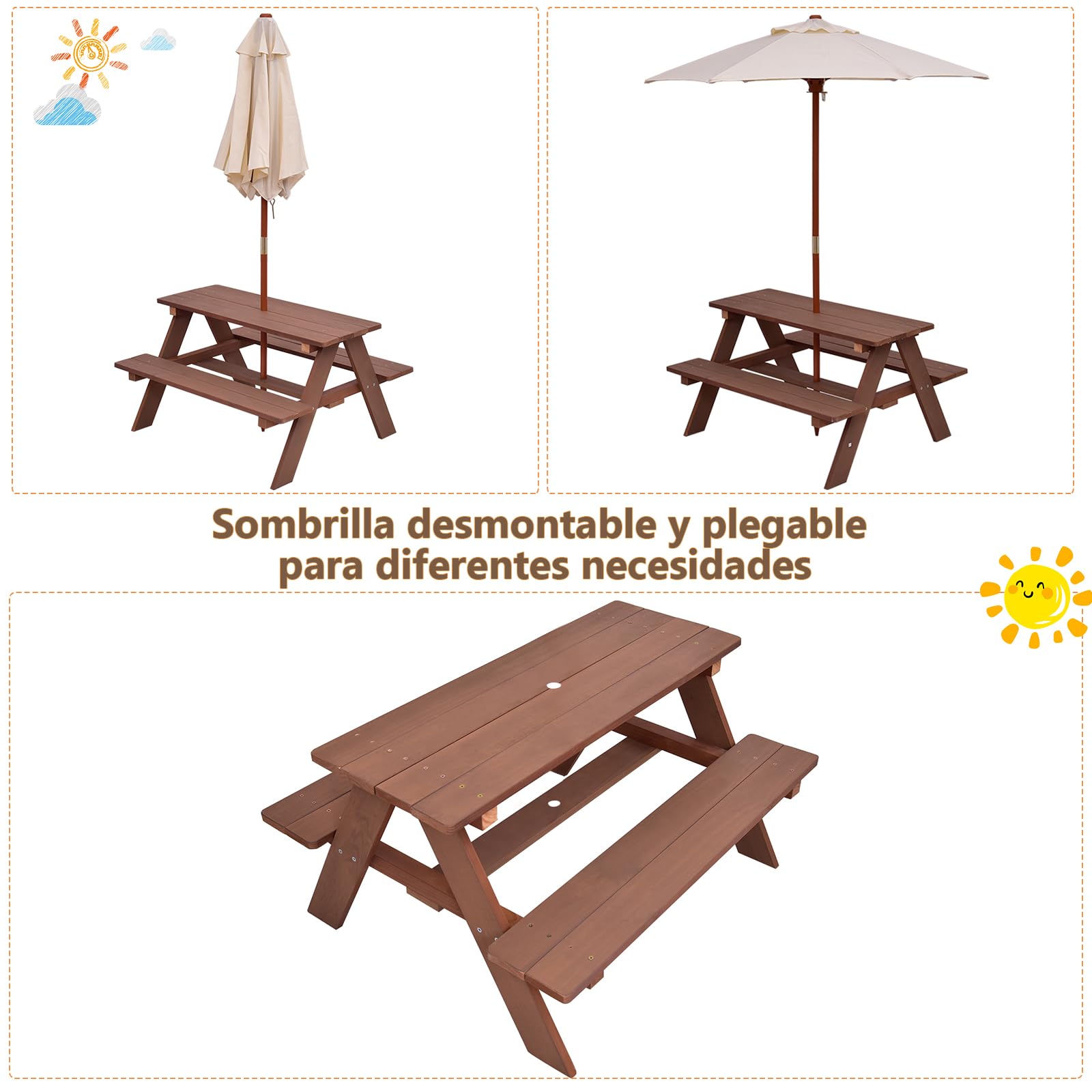 SOARS Mesa de Picnic para Niños con 2 Bancos de Madera Maciza, Conjunto de Asientos Infantiles con Sombrilla, Mesa y Banco de Jardín, Conjunto de Muebles Infantiles para Jardín, Patio