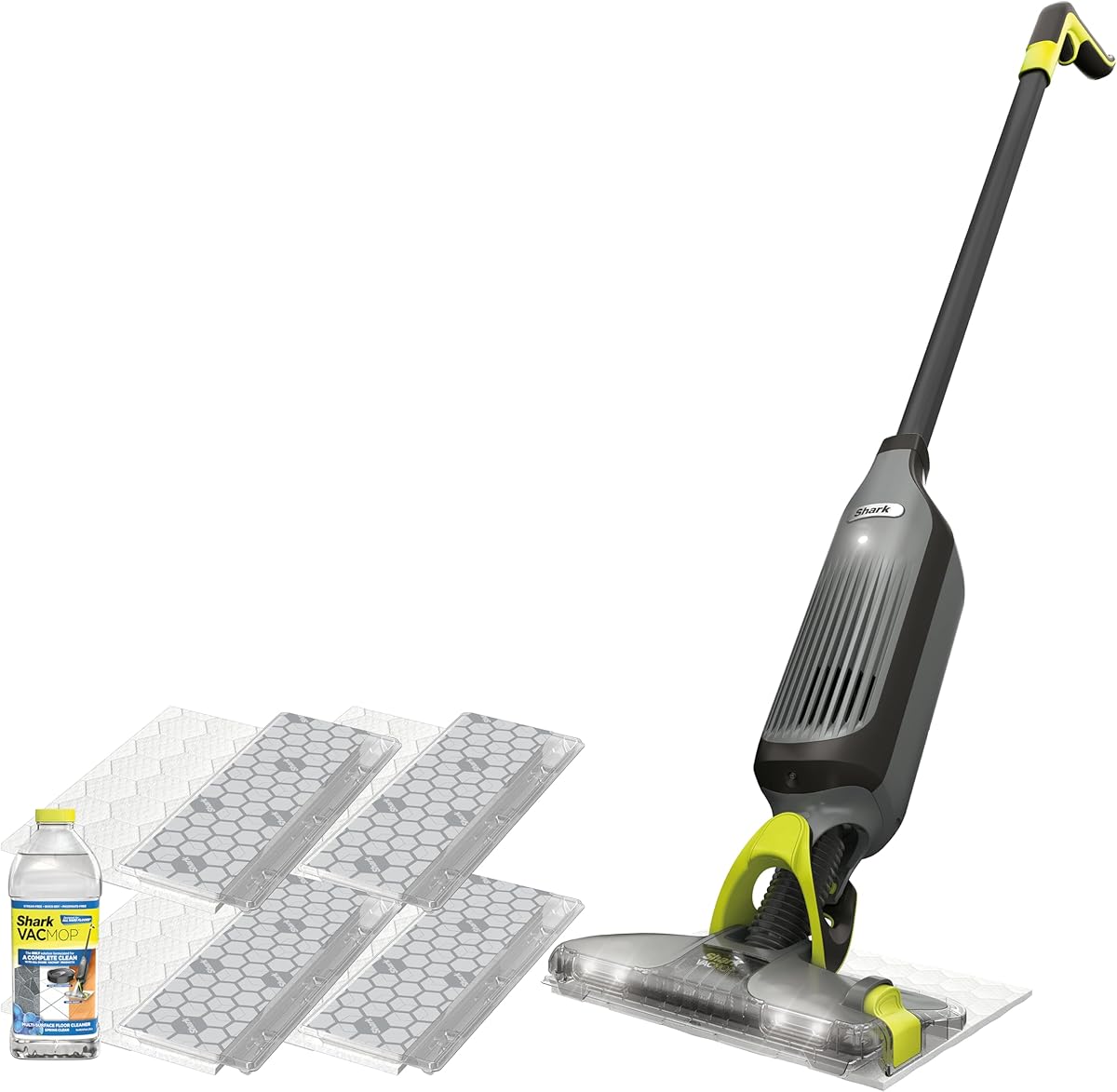 Shark VACMOP Cordless Hard Floor Cleaner, Vacuum and Spray Mop, Powerful Suction, Lightweight, LED Headlights, Includes 4 Disposable Pads, 12oz Multi-surface Cleaning Solution, Gray, VM252