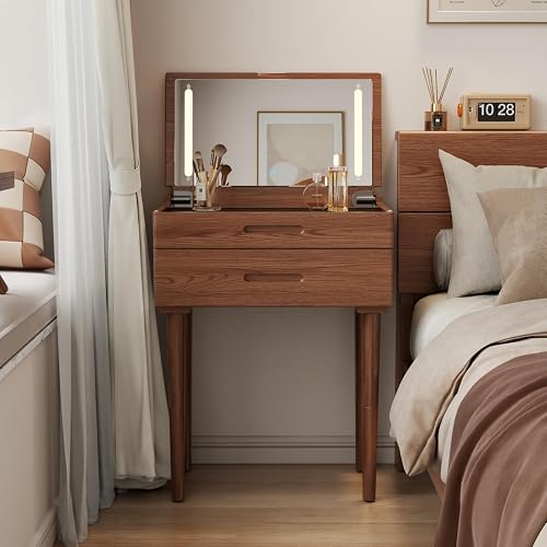 Solid Wood Small Vanity Desk with Mirror and Lights, Narrow Makeup Vanity for Small Space, Flip Top Vanity Side Table, 3 Color Modes & Adjustable Brightness, 23.6" Slim Dressing Table, Walnut