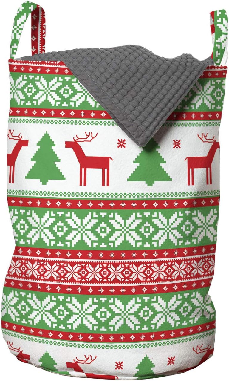 Ambesonne Christmas Laundry Bag, Knit Style Graphic Reindeer Star and Snowflake Holiday Family Theme, Hamper Basket with Handles Drawstring Closure for Laundromats, 13" x 19", White Green