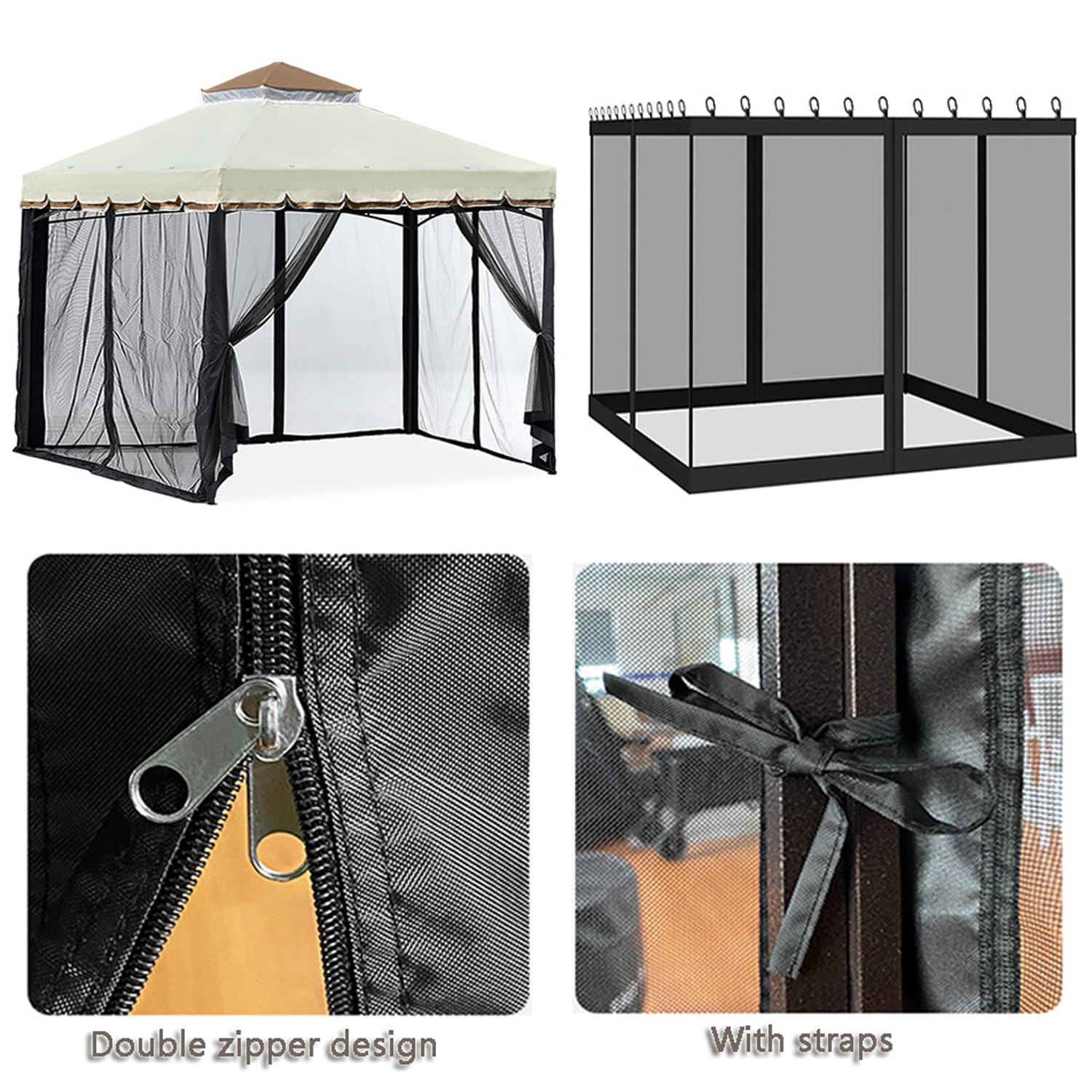 Panneau moustiquaire pour pergola 3 m x3m, Filet moustiquaire pour tonnelle, Pavillon 4 Parties latérales Protection Insectes pour Jardin Balcon Patio (Black, 305x305x220 cm)