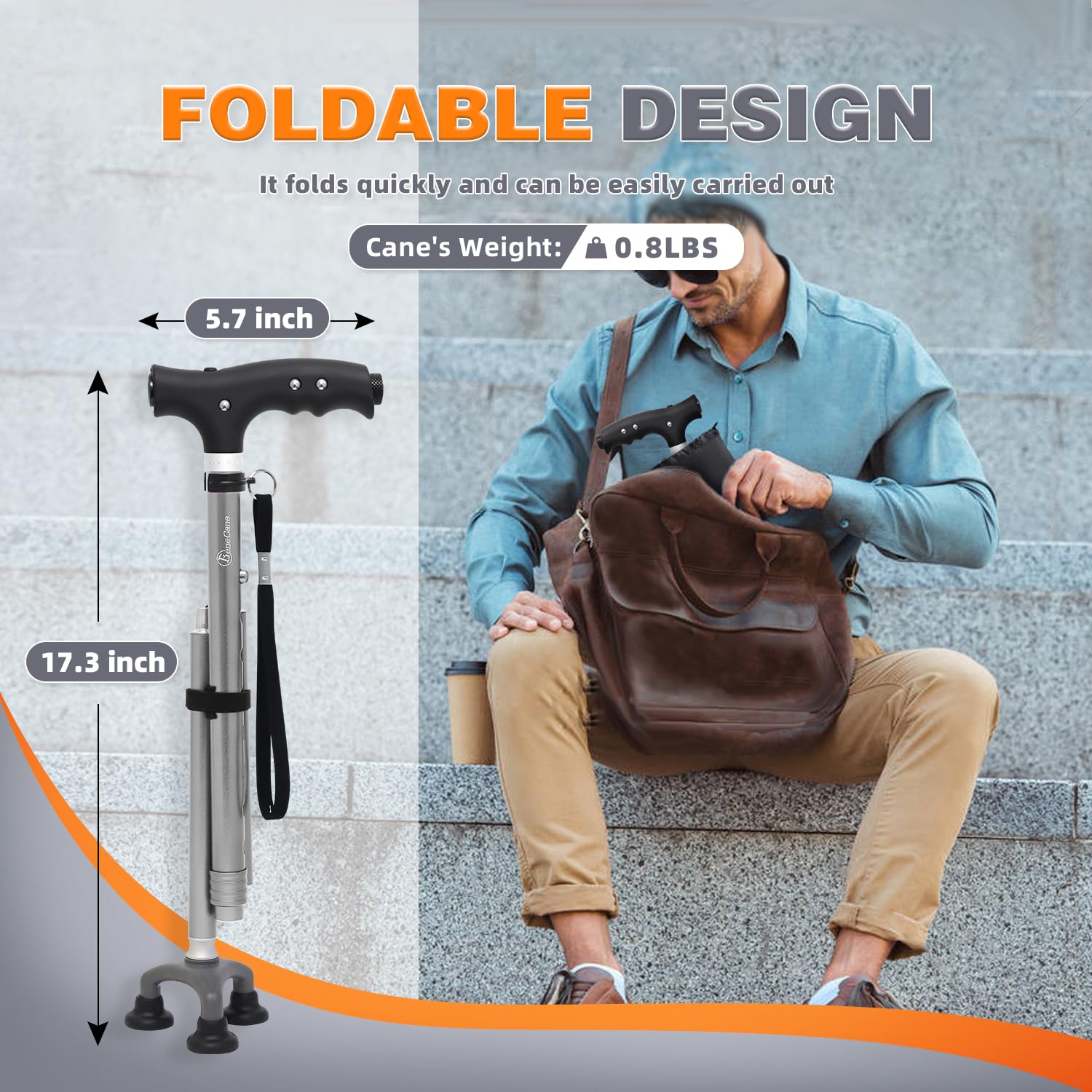 BeneCane Bastones plegables ajustables de viaje y bastones para caminar para hombres y mujeres, luz LED y mango de fácil agarre para personas mayores con artritis