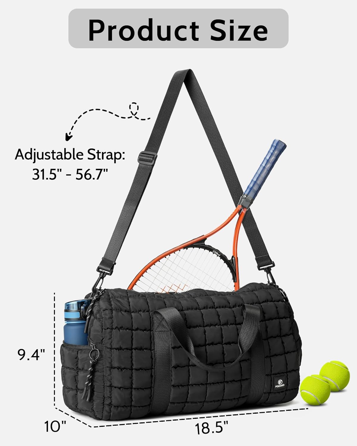 FODOKO Quilted Duffel Bag for Women, Puffer Gym Duffle with Shoe Compartment, Lightweight Large Crossbody Sport Bag Travel Tote, Black - Image 3
