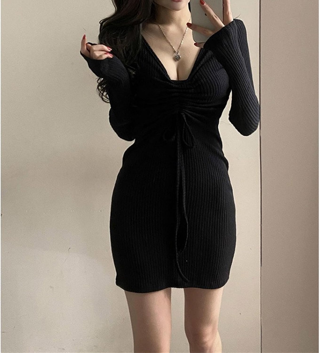 Generic Womens Ruched V Neck Drawstring Bodycon Long Sleeve Mini Club Party Dresses Ribbed Knit Bodycon Short Dress