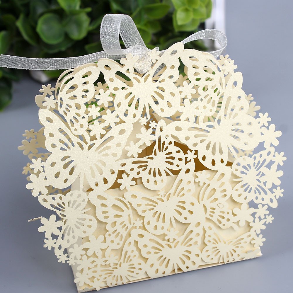 Sorive50 Pack Laser Cut Butterfly Wedding Favor Box Birthday Shower Party Candy Boxes Bomboniere with Ribbons Bridal Shower Wedding Party Favors SORIVE0031 (Beige)