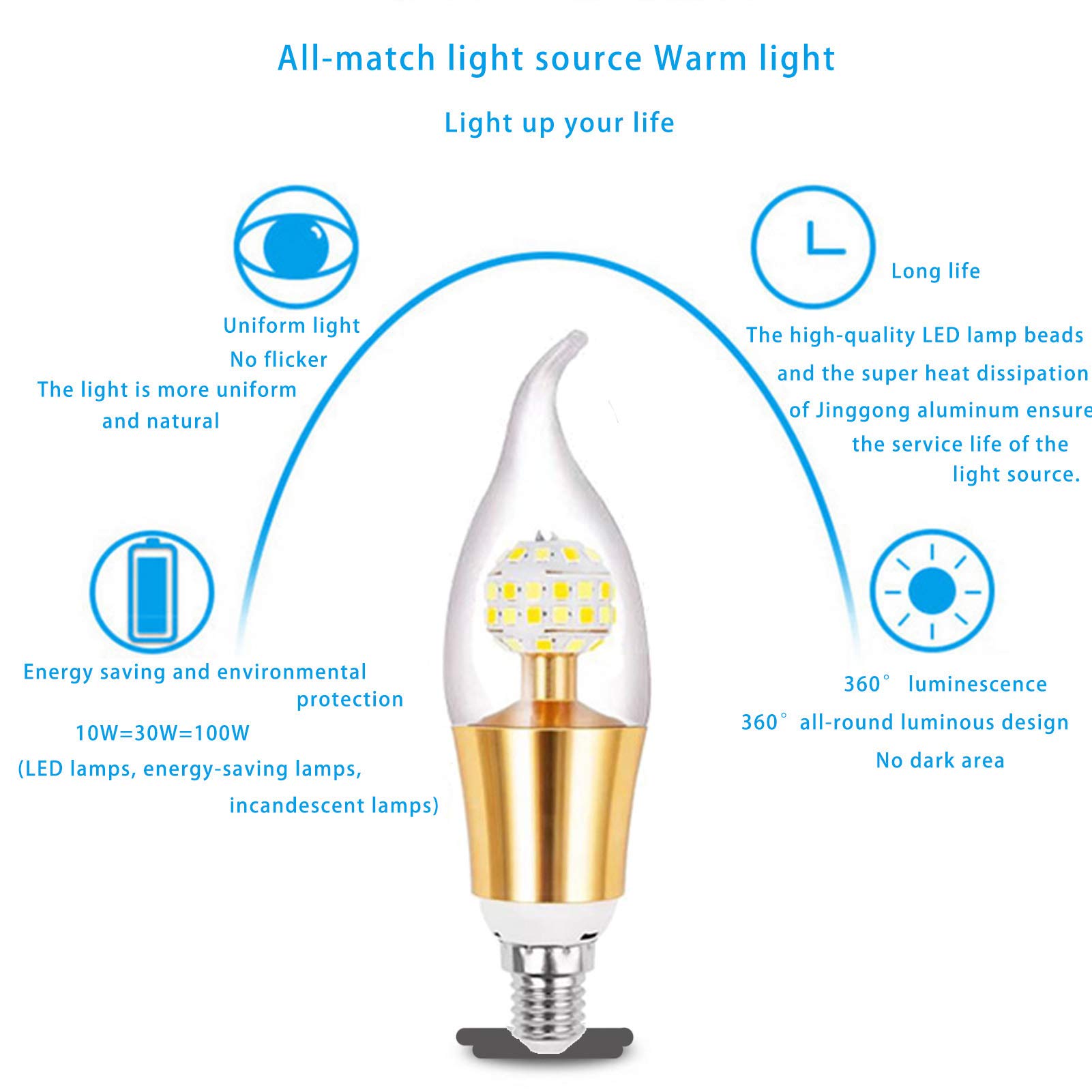 Ampoules bougie LED E14 12 W 600 lm, type pointe flamme incurvée, ampoule chandelier équivalente à des ampoules à incandescence 100 W, petites ampoules bougie à vis Edison à intensité variable en tr