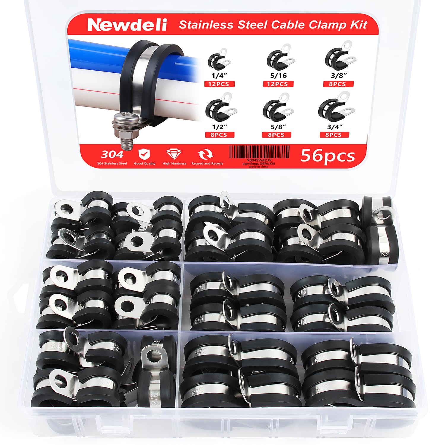Newdeli 56Pcs Cable Clamps Assortment Kit 6 Sizes 1/4" 5/16" 3/8" 1/2" 5/8" 3/4" Stainless Steel Cable Clamp Rubber Cushioned Hose Clamp Insulated Automotive Wire Pipe Clamps