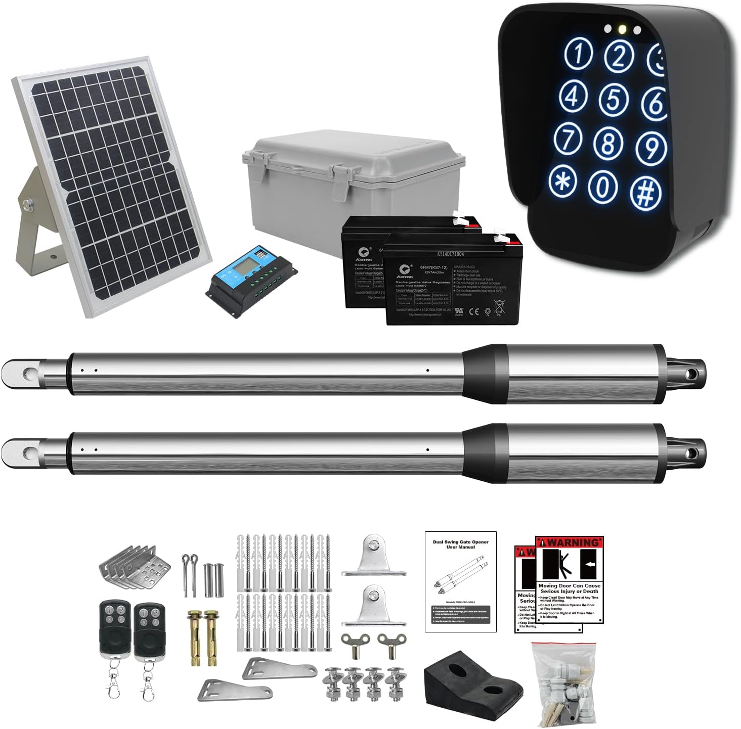 JUJIANG Solar Gate Opener with Batteries & Solar Panel & 2 Remotes + Wireless Keypad for Dual Swing Gates Up to 440lb per Arm Automatic Gate Openers with Remote Complete Kit Light Duty PKM-C01