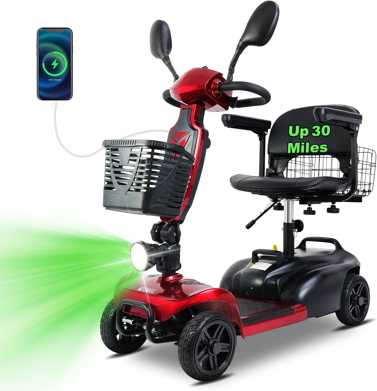 30 Miles Long Range 4 Wheel Electric Mobility Scooter with 350W Motor, Foldable Mobility Scooter for Adults/Seniors - 300 lb Capacity, 720Wh Lithium Battery, Dual Baskets