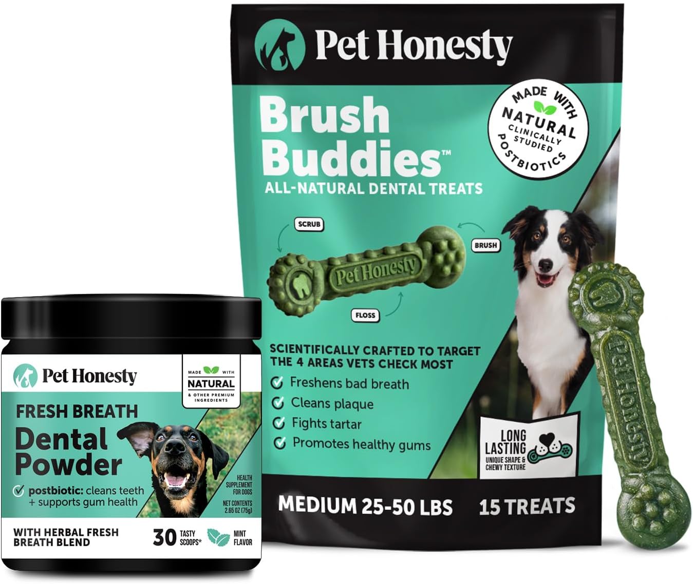 Pet Honesty Dog Dental Care Virtual Bundle – Breath Freshener Dental Powder (30 Servings) + Brush Buddies Dental Sticks for Medium Dogs (15 Ct) – Teeth Cleaning, Plaque & Breath Support