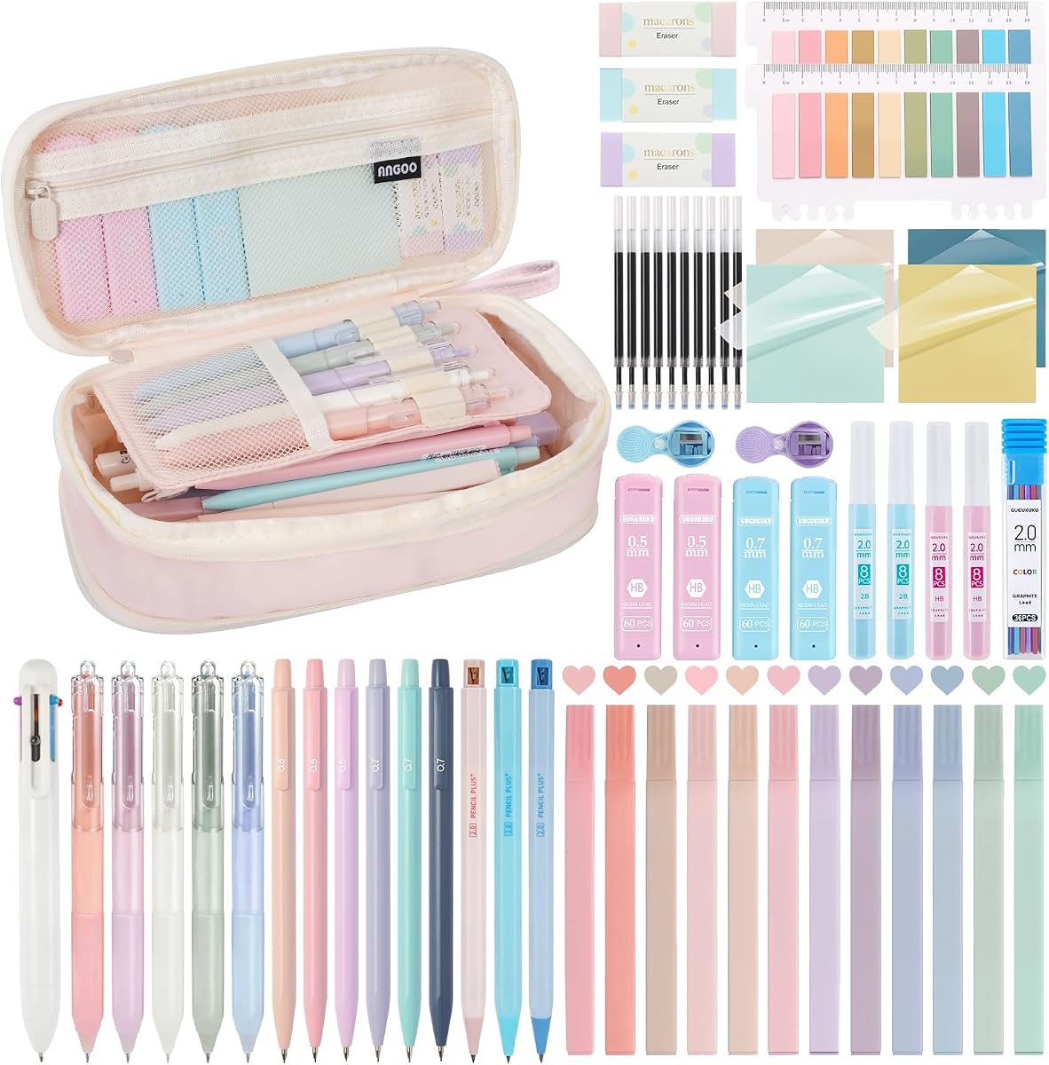 58 PCS Aesthetic School Supplies with Cute Pencil Case,12 Pastel Highlighters, 5 Gel Pens Black Ink，9 Mechanical Pencils for，Student Stationary，CollegeEssentials Gifts (pink)