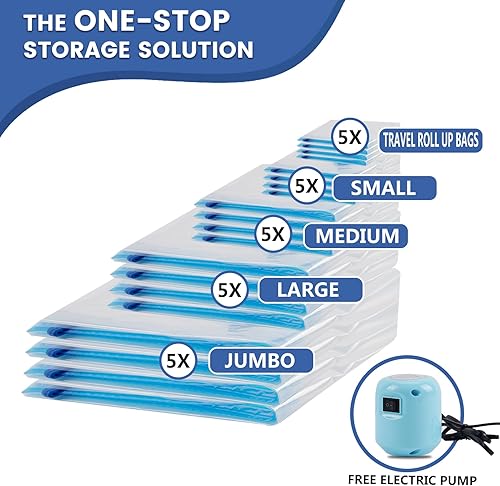 Miniatura 4 de Paquete de 25 bolsas de almacenamiento al vacío con bomba eléctrica, bolsas ahorradoras de espacio (5 jumbo5 grandes5 medianas5 pequeñas5 rollos) de