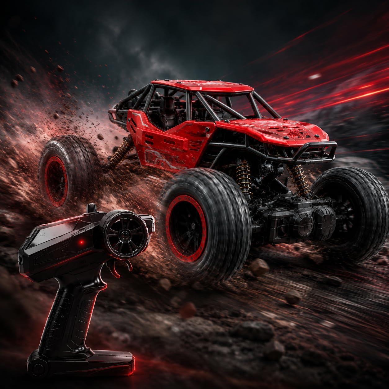 NHR Remote Control Car Toy for Kids | Rechargeable RC Monster Truck with Smoke Effect | Drift RC Car | Range 2.4GHz Remote | Type-C USB | Off-Road Climbing & Racing Car | Gift for Kids Age 3+ (Red)