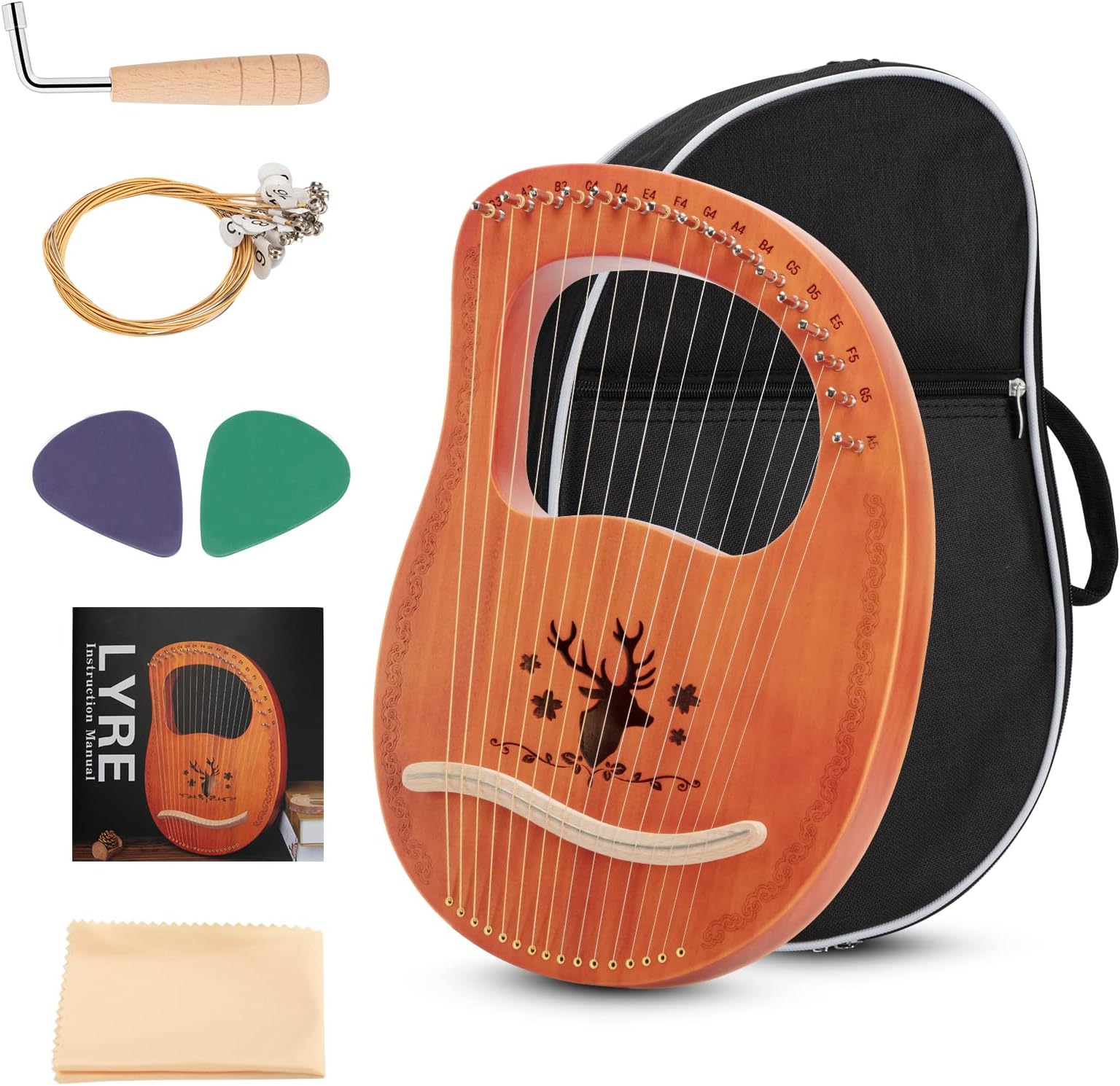 Lyre Harp 16 Mahogany Strings with Adjustable Key and Carry Bag, for Kids Adults Beginners