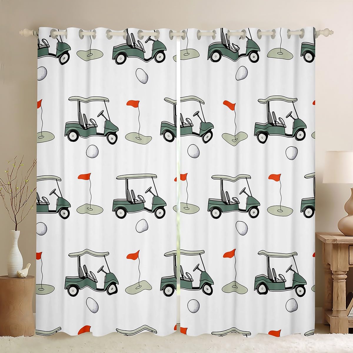 Homemissing Golf Curtains（2 Panels，W66*L72） Sports Window Curtains for Ball Games Themed Golf Club Bedding for Boys Kids Blackout Drapes,Youth Green Course Window Treatments