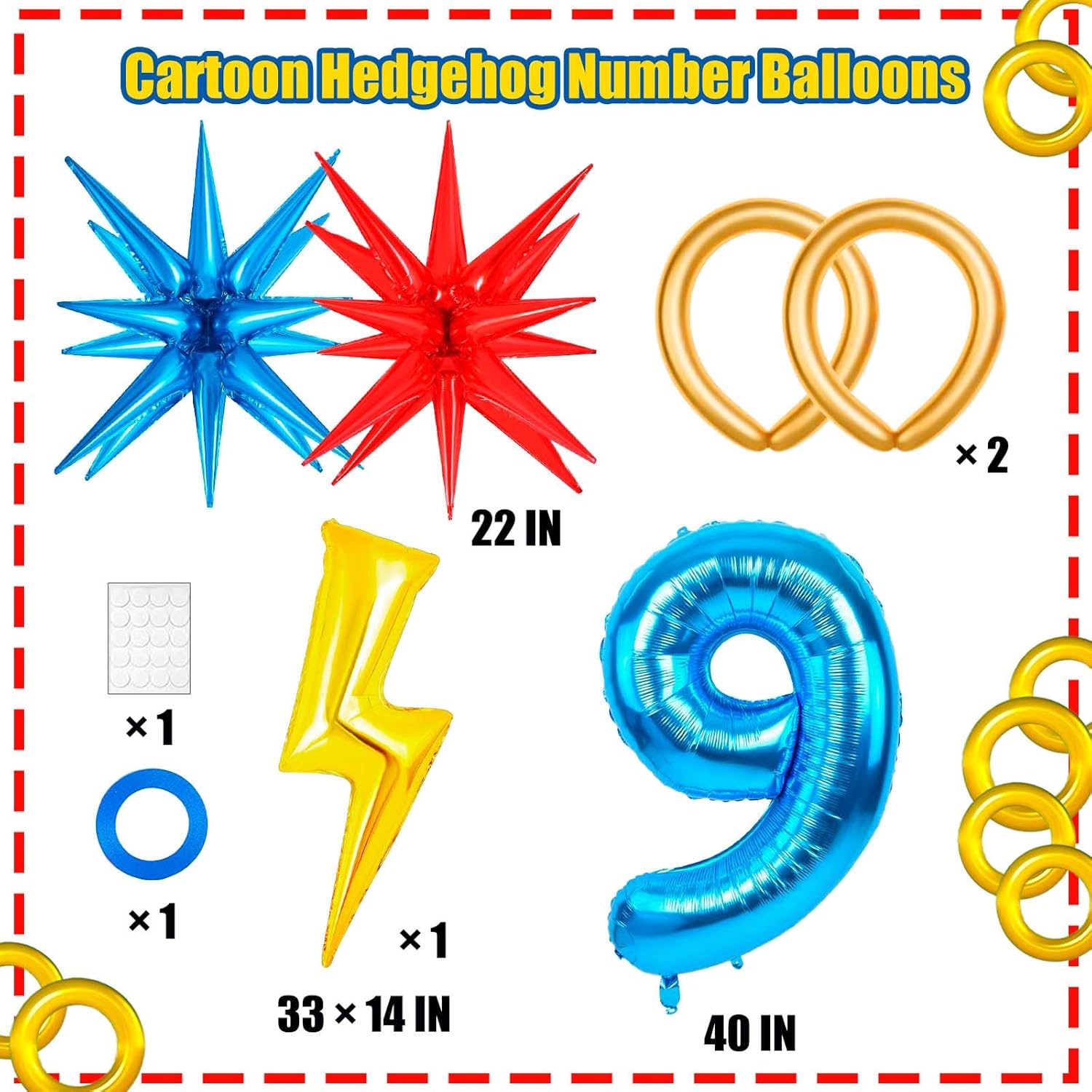 Cartoon Hedgehog Birthday Decorations, 9th Birthday Decorations for Boys, Red Blue Yellow Number Balloons with Boom Star and Lightning (Blue 9)