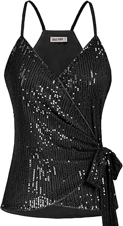 GRACE KARIN Sequin Tops for Women Sparkle Tank Camisole V Neck Sexy Tie Waist Top Party Club Cocktail Vest Shirt