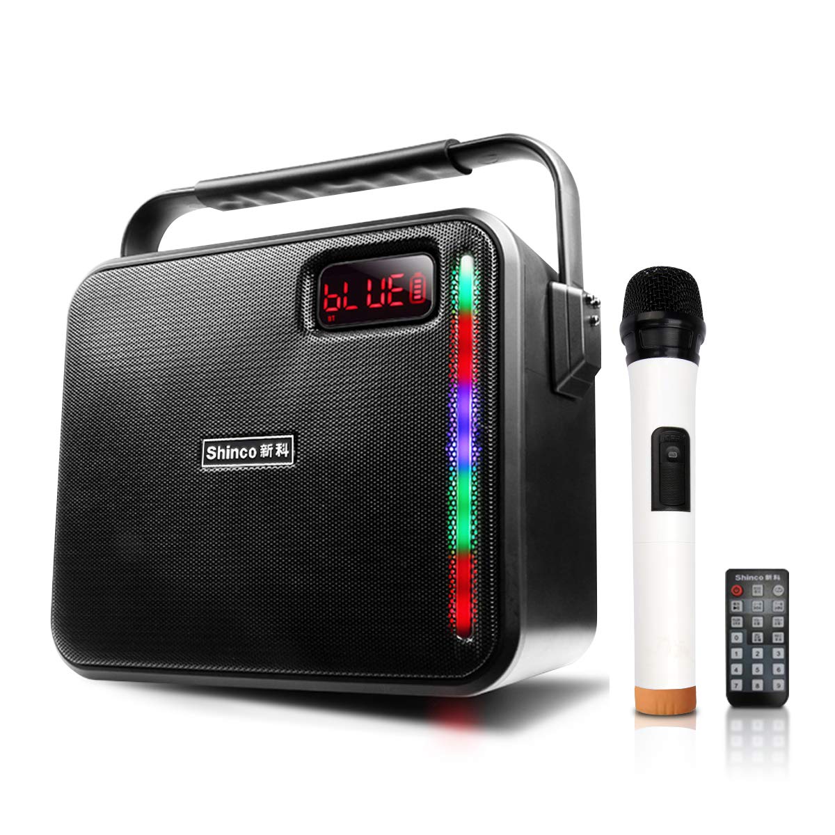 Shinco Portable PA System front view with LED lights and Shinco logo