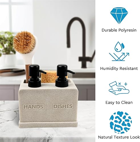 Miniatura 7 de Juego de dispensador de jabón para manos y platos para fregadero de cocina, dispensador de jabón doble con organizador de esponja y soporte para