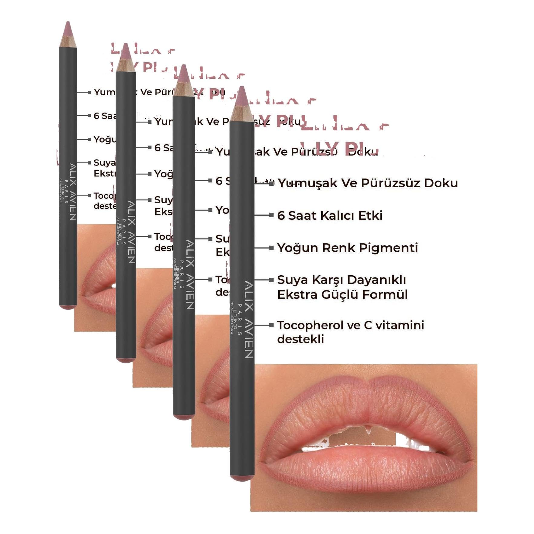 ALIX AVIEN Uzun Süre Kalıcı Dağılma Yapmayan Nemlendirici Dudak Kalemi - Lipliner Pencil 03 Sheer Coral (4 paketi)