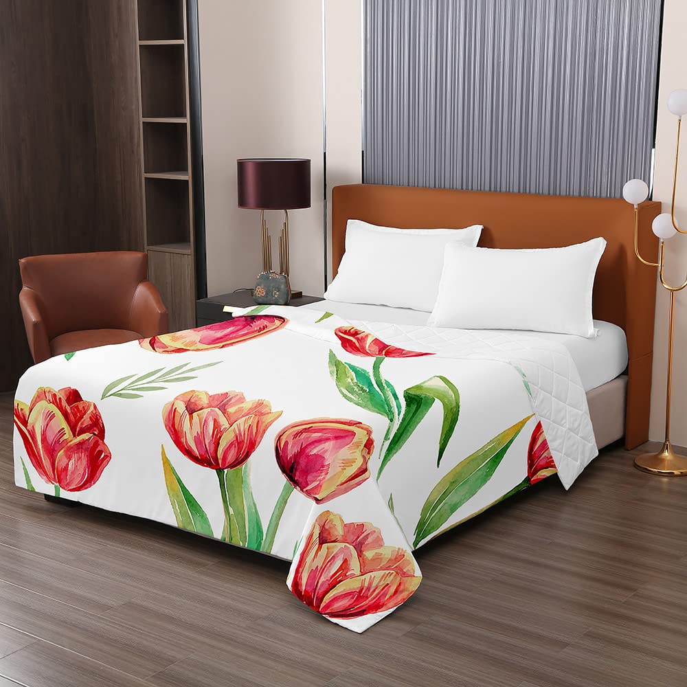 Copriletto Trapuntato Matrimoniale 230x280 Cm - Stampato 3D Fiori Rossi, Microfibra, Per Tutte Le Stagioni