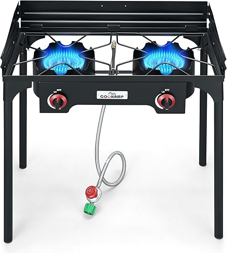 Quemador de propano doble de alta presión con parabrisas Estufa de camping al aire libre con regulador ajustable de 0-20 PSI y manguera trenzada de