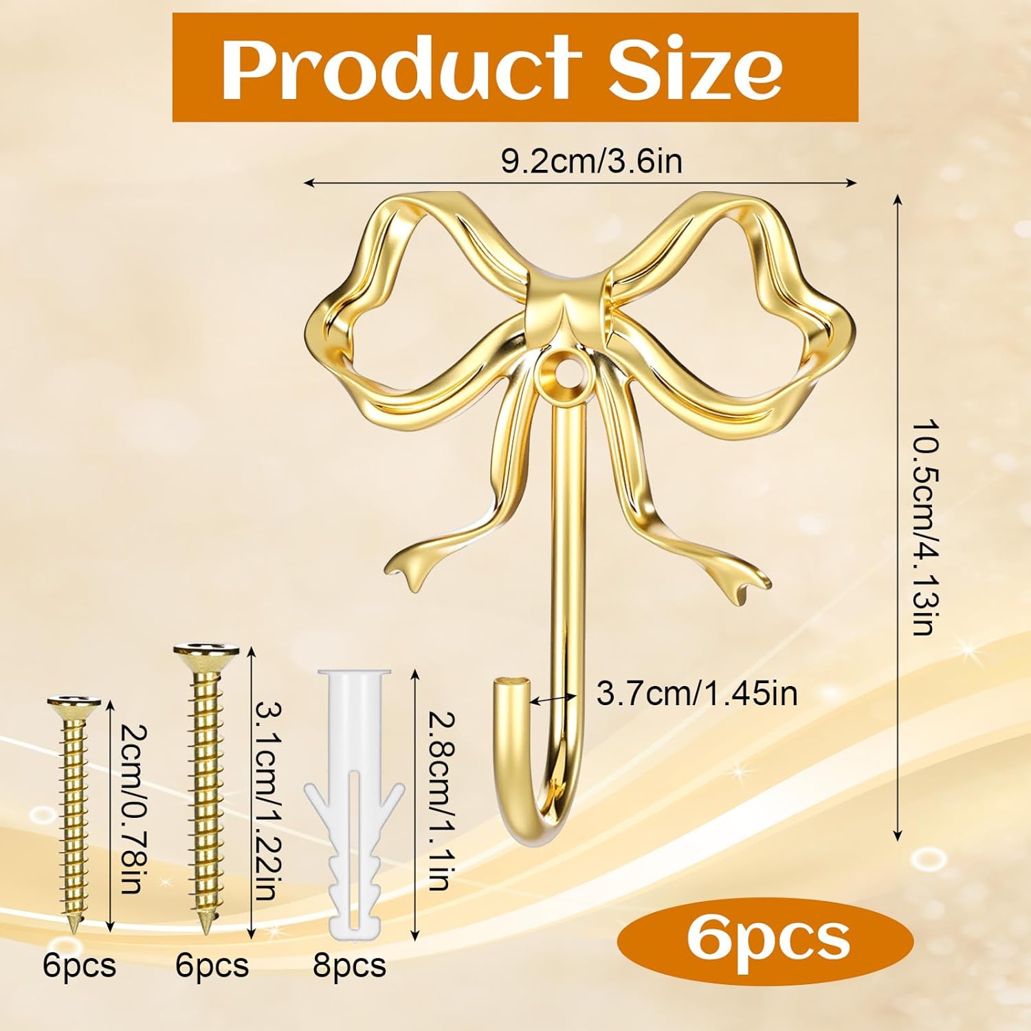 6 Pcs Gold Bow Wall Hook, Large Bow Knot Coat Hooks Metal Bowknot Wall Door Hanger Decorative Holder for Bags Bath Towels Coats Hats Coffee Mugs Room Decorations