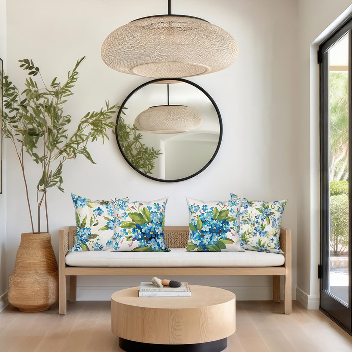 Blue Flower Throw Pillow Covers Green Leaves Watercolor Wildflower Plants Sweet Fresh Rustic Style 24x24 Set of 4 Square Cushion Covers Couch Sofa Bedroom Farmhouse Patio Garden Livingroom - Image 5