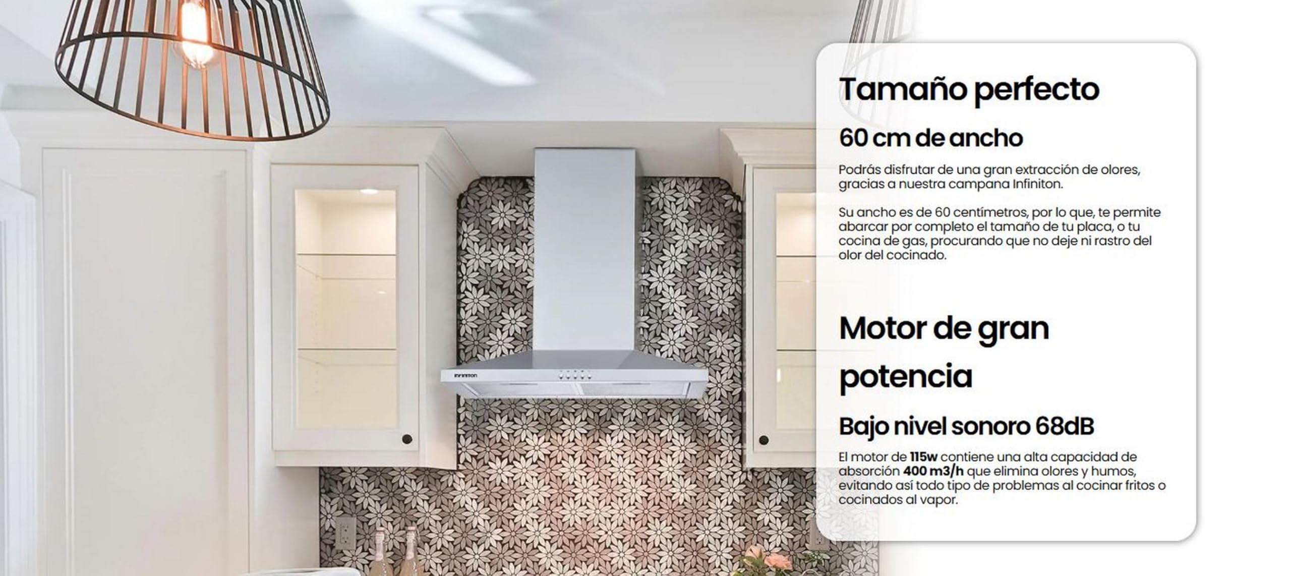 INFINITON Campana de Pared CMPP-64XBL, 400 m3/h, Ancho 60 cm, 3 Niveles de Potencia, 2 Filtros de Aluminio, Luz Led, B, Inox