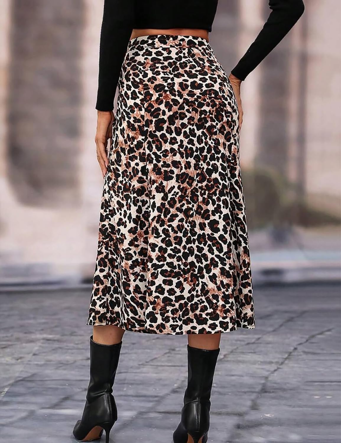 Women's A-Line Skirt High Waist Black Leopard Print Hidden Zipper Casual Office Work Midi Skirs - Image 2