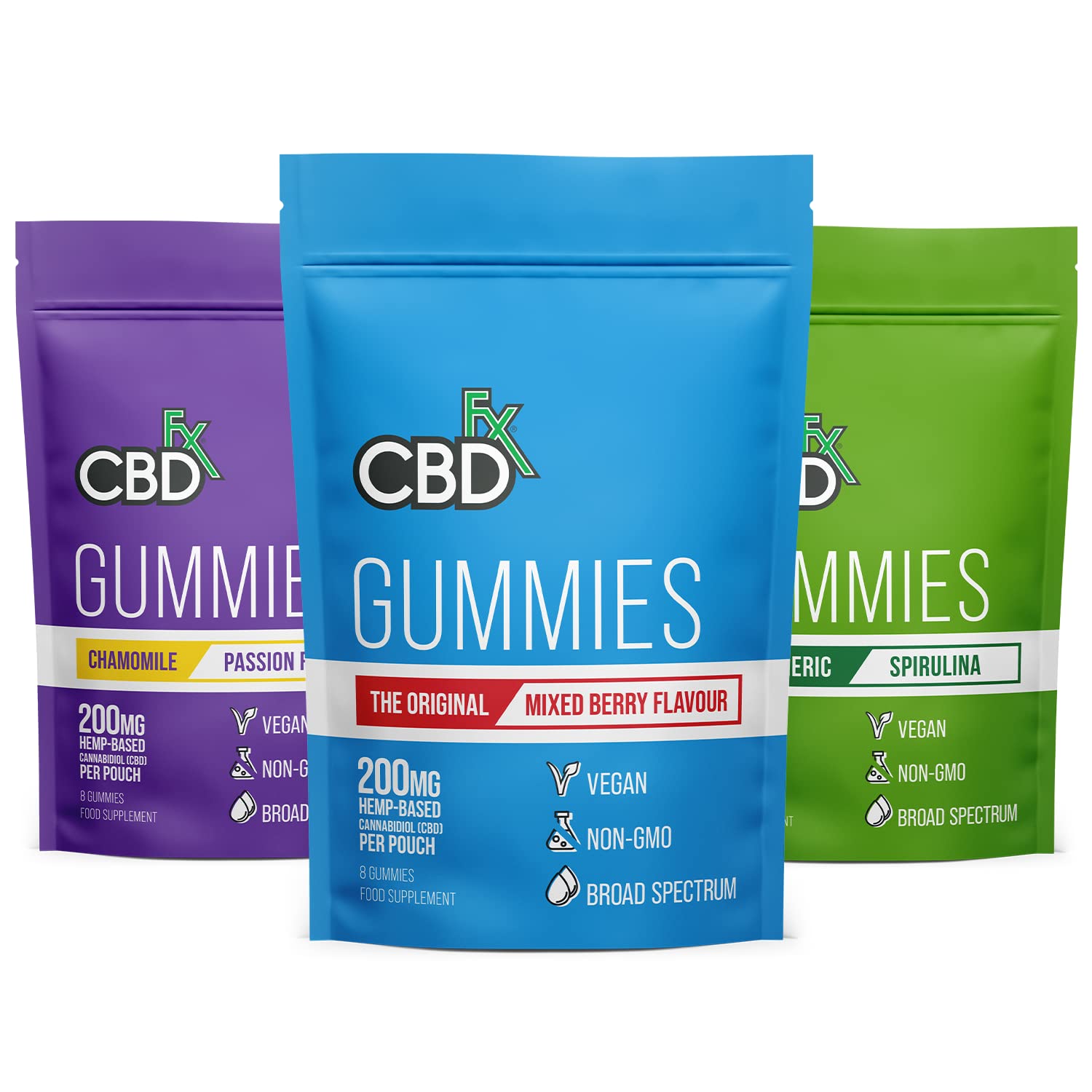 CBDfx 200 mg CBD High Strength Mixed Berry Gummies 25 mg with Sleep Gummies 10 mg Chamomile with Turmeric & Spirulina Gummies 25 mg Turmeric
