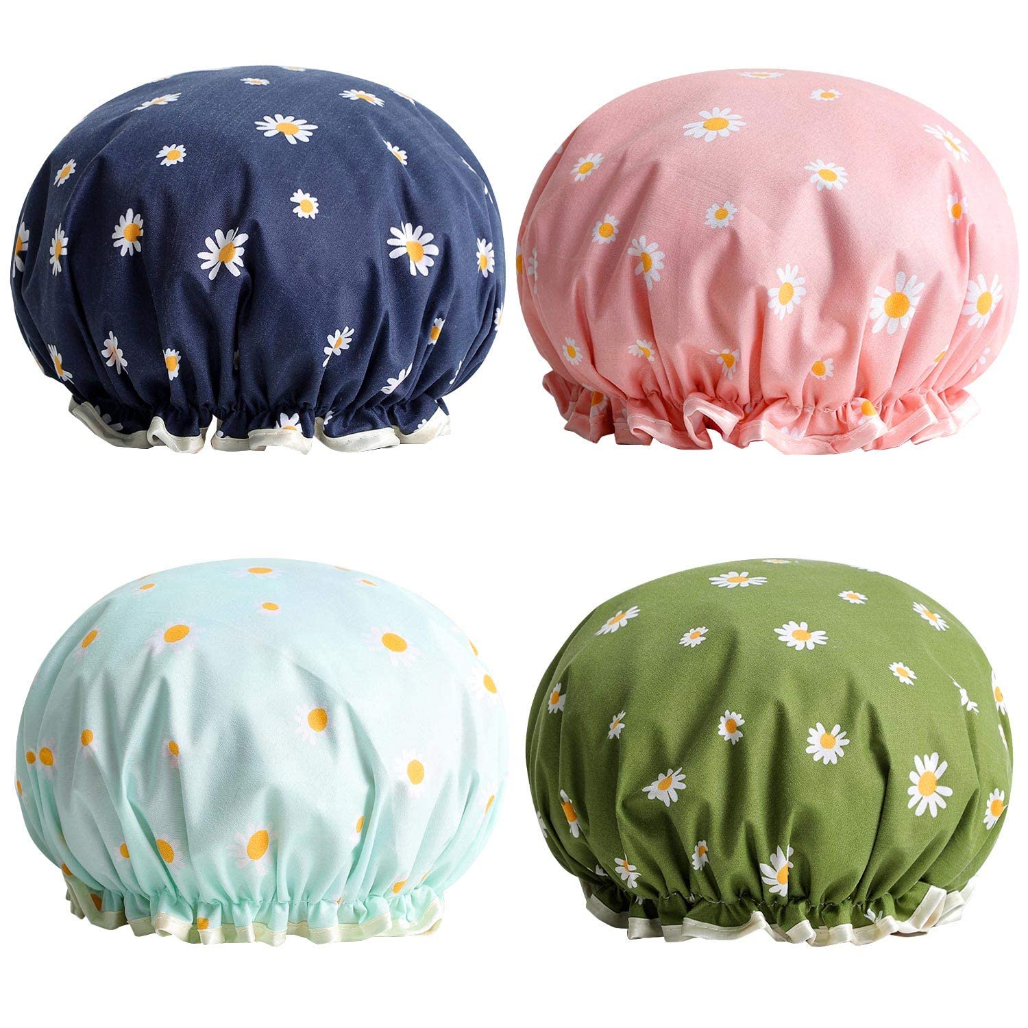 SYOSIShower Caps, Bath Cap, for Women Waterproof Double Layered Elastic Shower Cap (4 Pack)