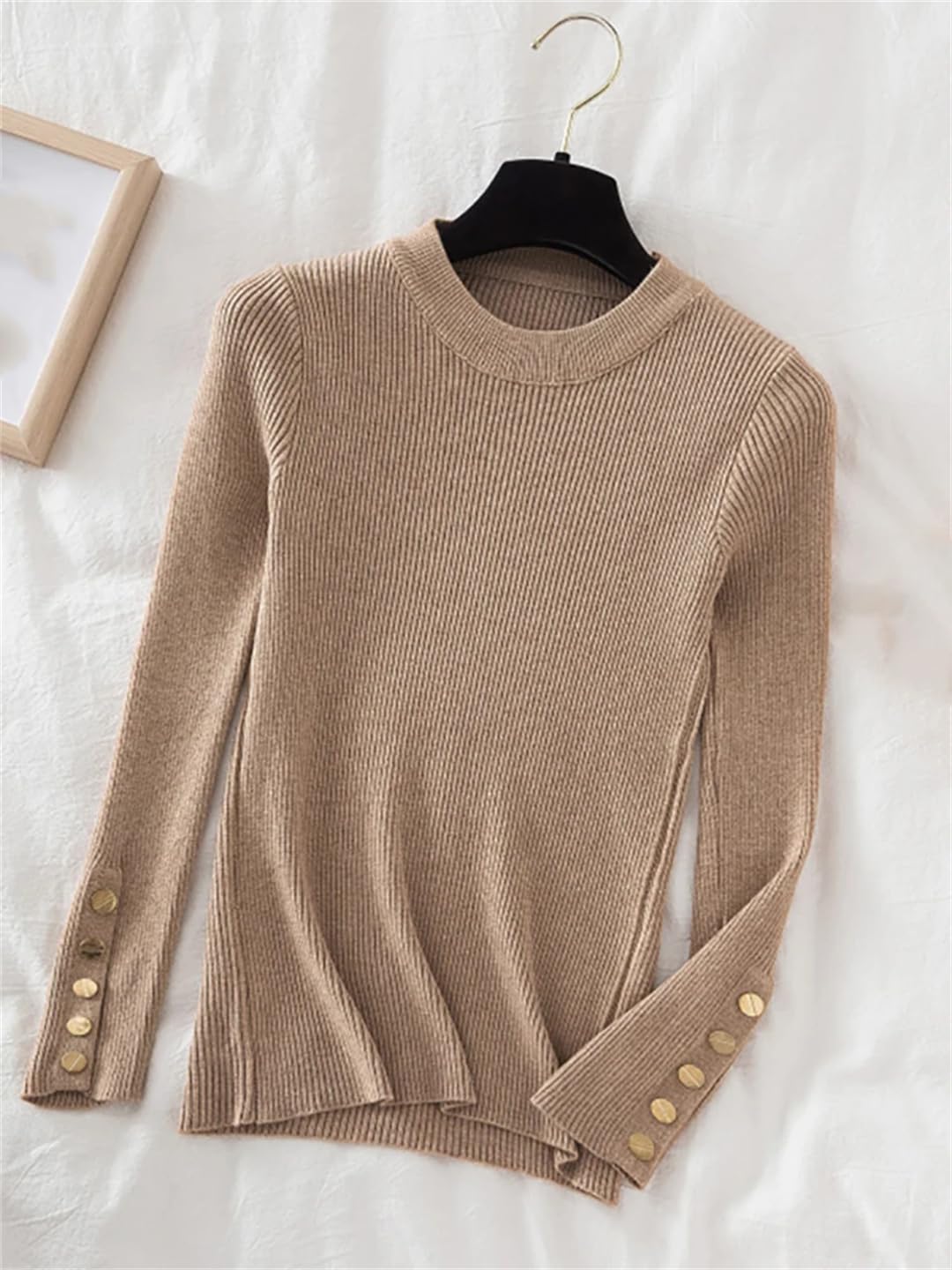 Suéter grueso para mujer, color caqui, casual, otoño, invierno, con botones, cuello redondo, suéter femenino de punto delgado, suéter suave
