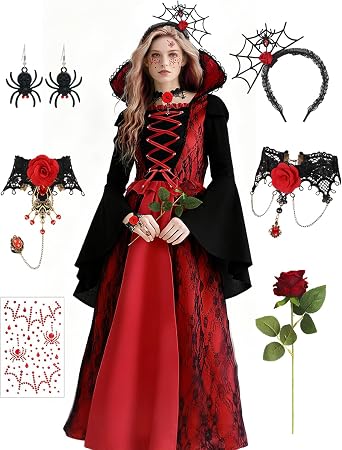 Vampire Costume for Women Gothic Vampire Dress with Accessories Necklace Bracelet Headband for Halloween Costume