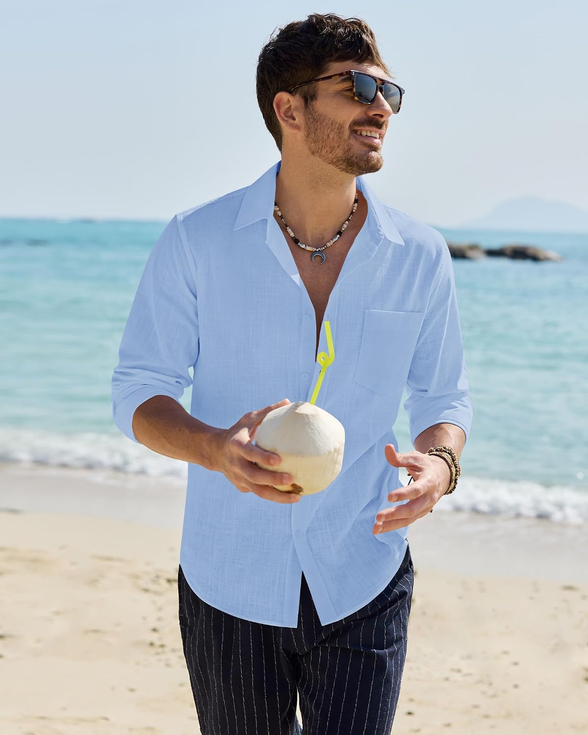 Alimens & Gentle Mens Cotton Linen Textured Shirt Long Sleeve Button Down Shirts Casual Summer Beach Wedding Tops with Pocket thumbnail